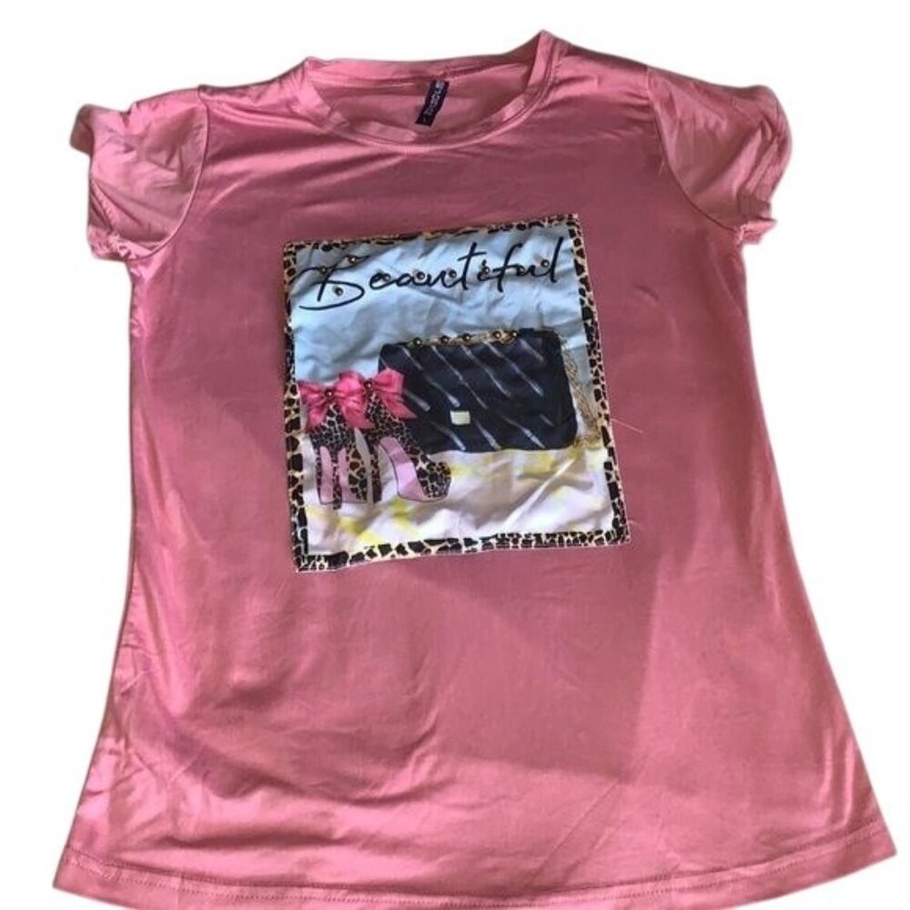 Pink Graphic Tee With "Beautiful" Print & Leopard Accents By Emme Jordan Soft Po
